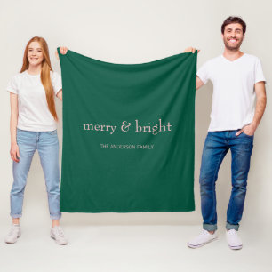 Modern Merry & Bright Christmas Holiday Green Pink Fleece Blanket