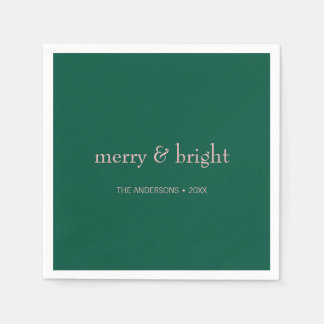 Modern Merry & Bright Christmas Holiday Green Pink Napkin