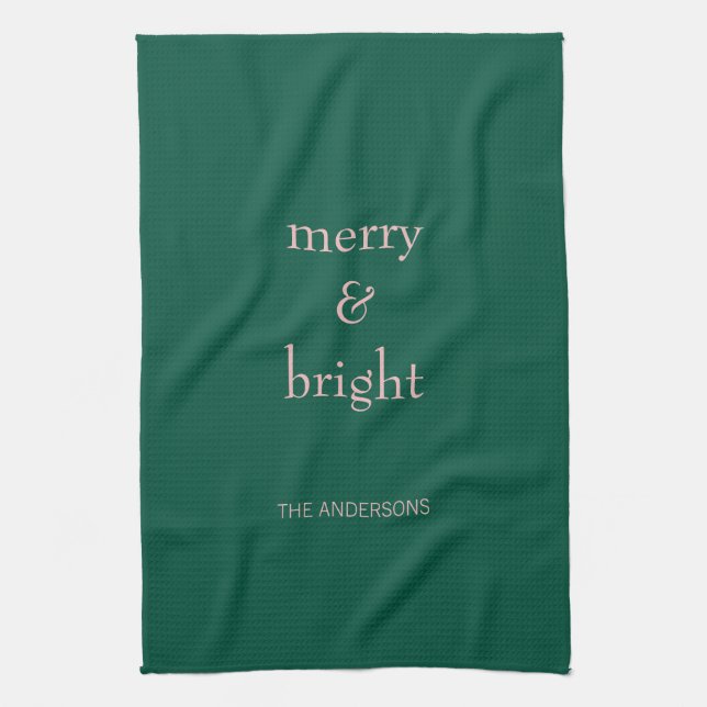 Modern Merry & Bright Christmas Holiday Green Pink Tea Towel (Vertical)