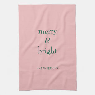 Modern Merry & Bright Christmas Holiday Green Pink Tea Towel