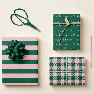Modern Merry & Bright Christmas Holiday Green Pink Wrapping Paper Sheet