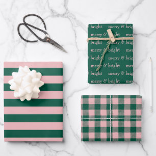 Modern Merry & Bright Christmas Holiday Green Pink Wrapping Paper Sheet