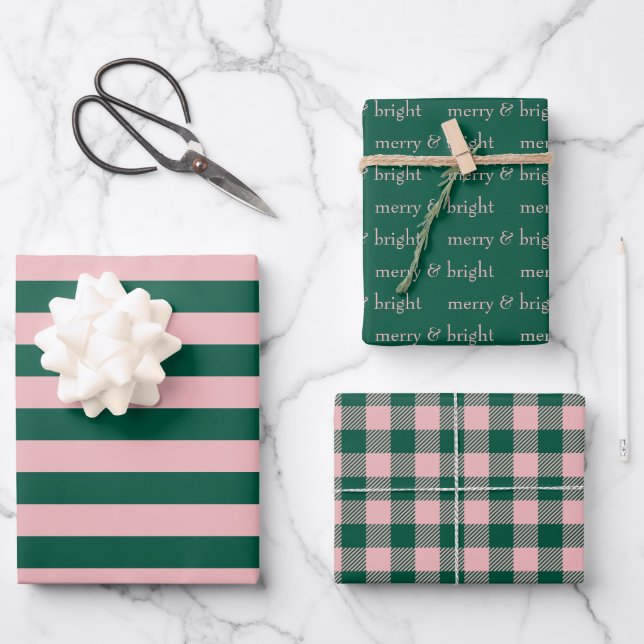 Modern Merry & Bright Christmas Holiday Green Pink Wrapping Paper Sheet (Front)