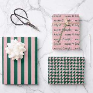 Modern Merry & Bright Christmas Holiday Green Pink Wrapping Paper Sheet