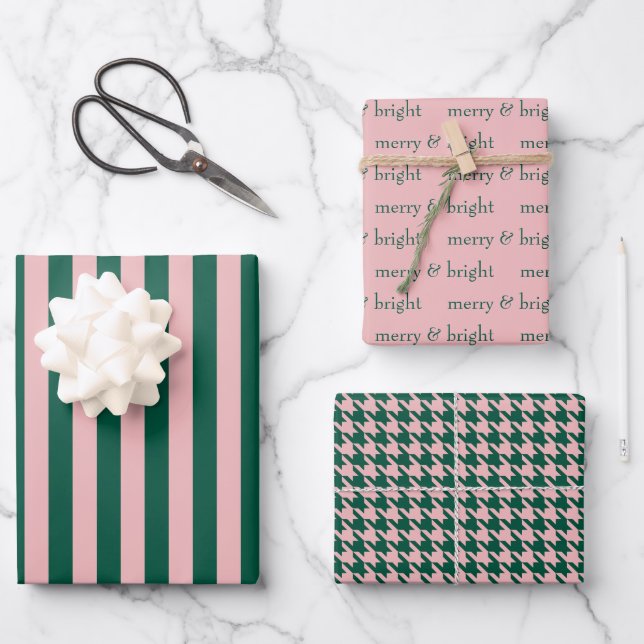 Modern Merry & Bright Christmas Holiday Green Pink Wrapping Paper Sheet (Front)