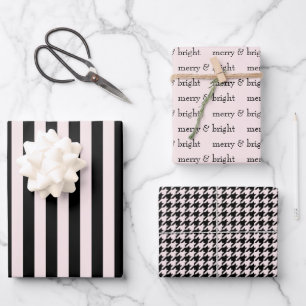 Modern Merry & Bright Christmas Holiday Pink Black Wrapping Paper Sheet
