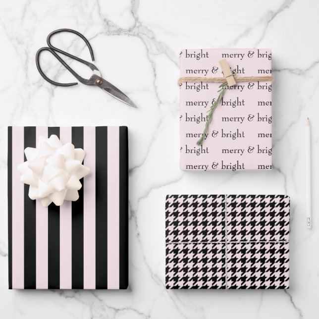 Modern Merry & Bright Christmas Holiday Pink Black Wrapping Paper Sheet (Front)