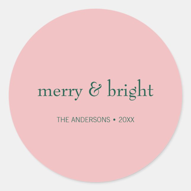 Modern Merry & Bright Christmas Holiday Pink Green Classic Round Sticker (Front)