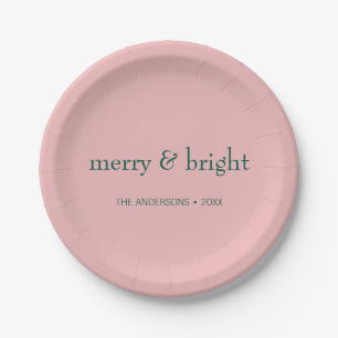 Modern Merry & Bright Christmas Holiday Pink Green Paper Plate