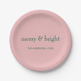 Modern Merry & Bright Christmas Holiday Pink Green Paper Plate
