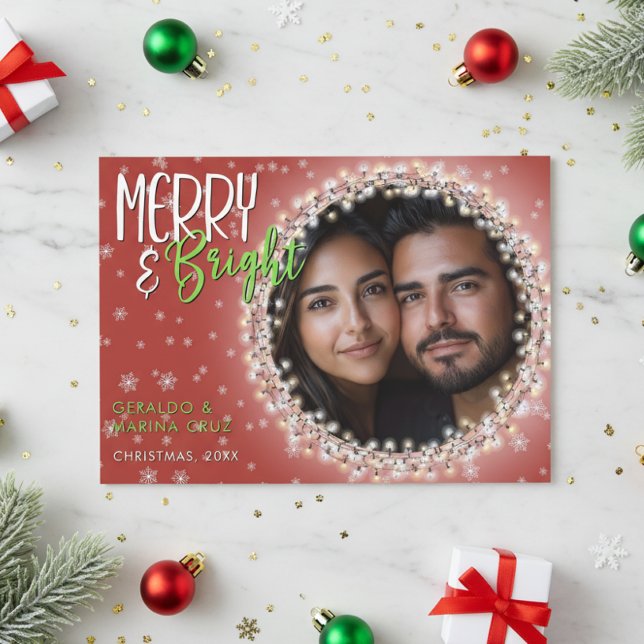Modern Merry & Bright Christmas Lights Red Holiday Card (Creator Uploaded)