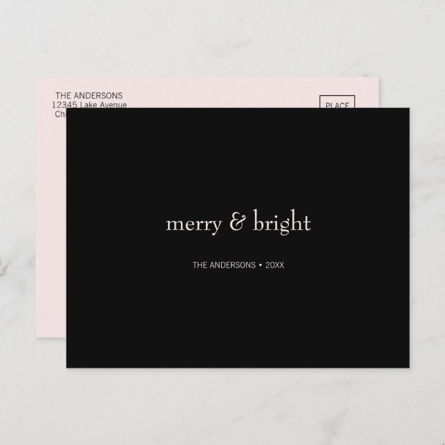 Modern Merry & Bright Christmas Pink and Black Holiday Postcard (Front/Back)