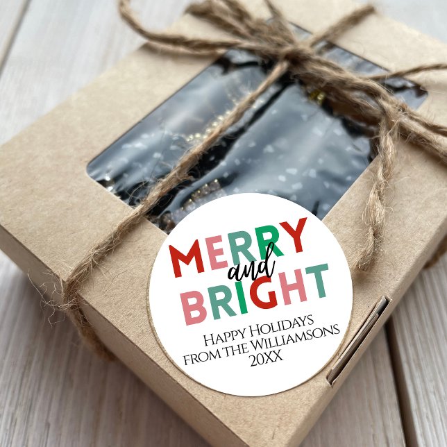 Modern Merry & Bright Colourful Letters Gift From Classic Round Sticker (Creator Uploaded)