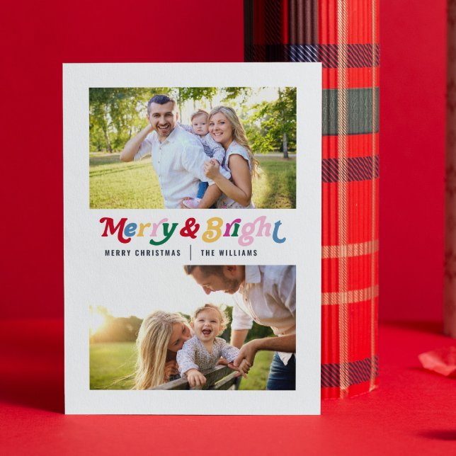 Modern Merry & Bright Colourful Retro 2 Photo Holiday Card (Let your friends and family know you’re merry & bright with this festive card😊)