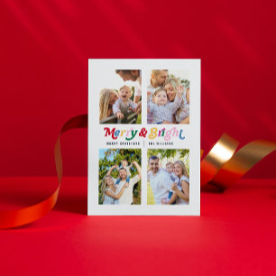 Modern Merry & Bright Colourful Retro 4 Photo Holiday Postcard