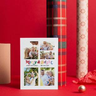 Modern Merry & Bright Colourful Retro 5 Photo Holiday Card