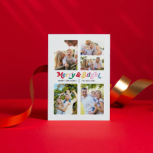 Modern Merry & Bright Colourful Retro 5 Photo Holiday Postcard