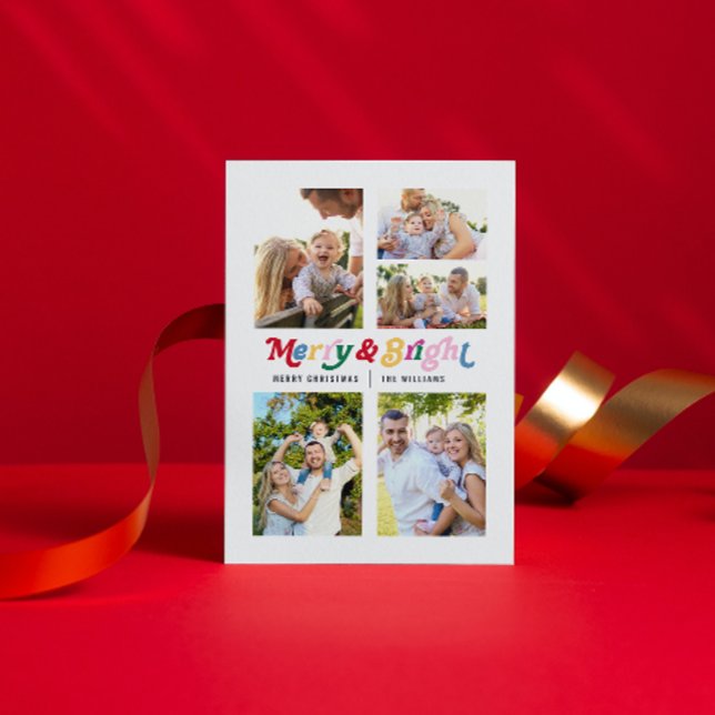 Modern Merry & Bright Colourful Retro 5 Photo Holiday Postcard (Nothing says “Merry Christmas” like a heartfelt postcard to your loved ones.)