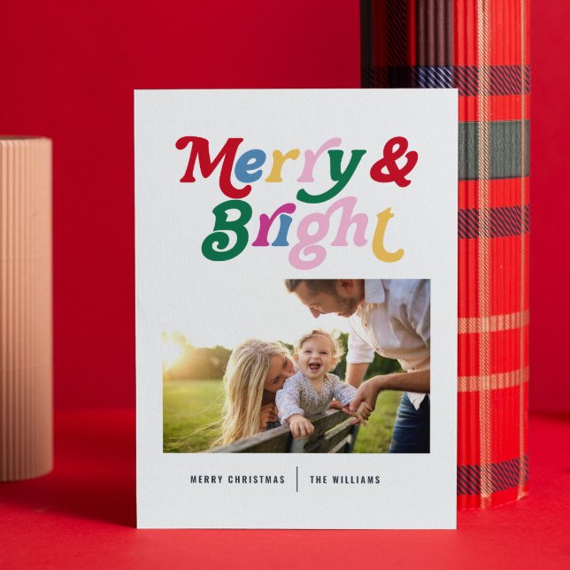 Modern Merry & Bright Colourful Retro Photo Holiday Card (Let your friends and family know you’re merry & bright with this festive card😊)