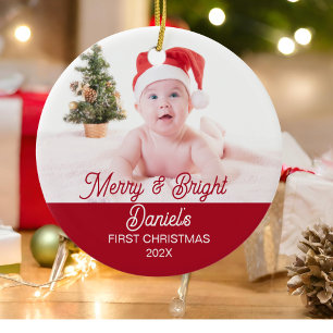 Modern Merry & Bright First Christmas Baby Photo Ceramic Tree Decoration
