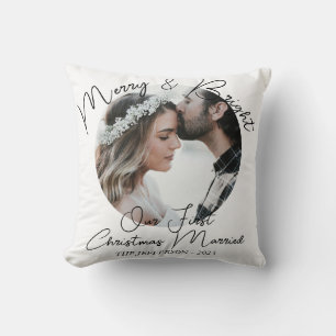 Modern Merry Bright First Christmas Married Photo Cushion