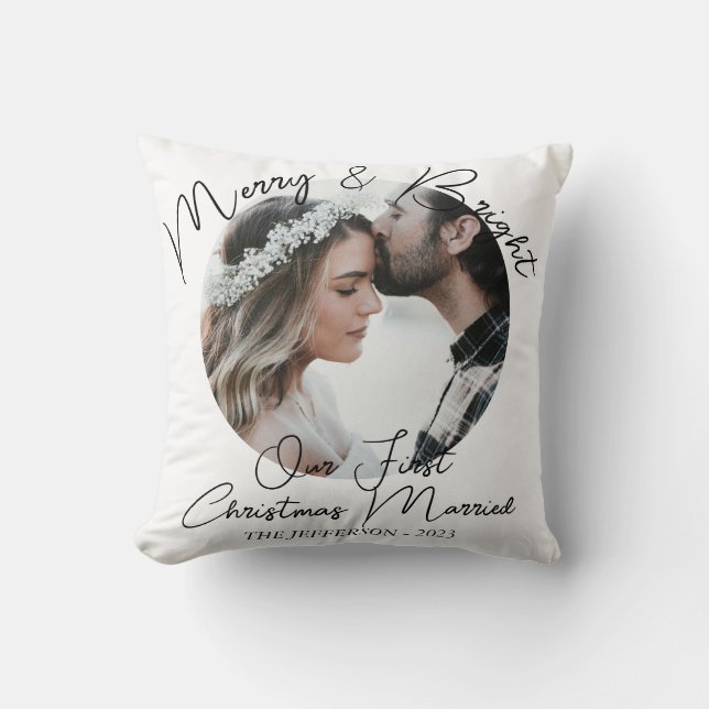 Modern Merry Bright First Christmas Married Photo Cushion (Front)