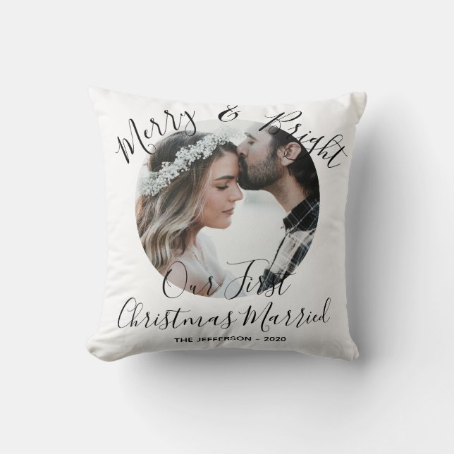 Modern Merry Bright First Christmas Married Photo Cushion (Front)
