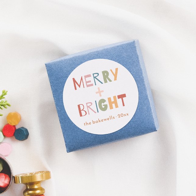 Modern Merry && Bright Fun Colourful Classic Round Sticker (Creator Uploaded)