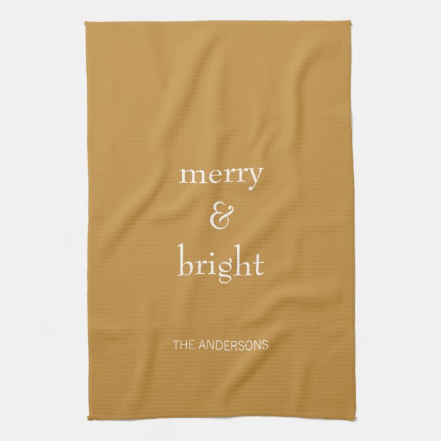 Modern Merry & Bright Gold Christmas Holiday Tea Towel (Vertical)