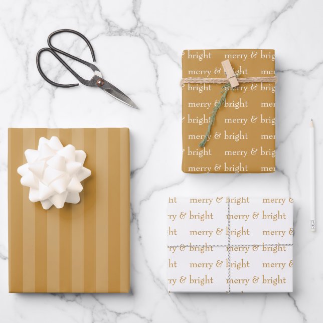 Modern Merry & Bright Gold Christmas Holiday Wrapping Paper Sheet (Front)