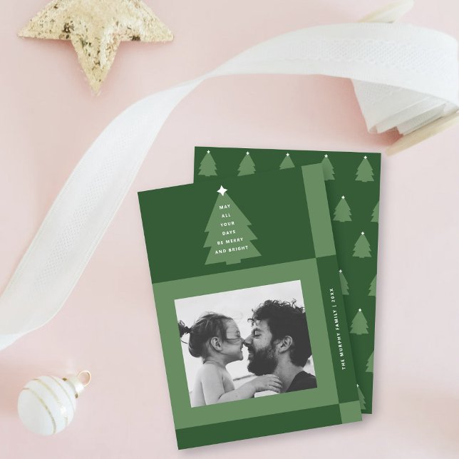 Modern Merry & Bright Green Chequered One Photo Holiday Card (Creator Uploaded)
