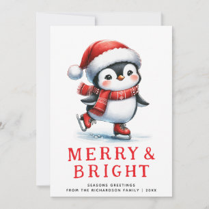 Modern Merry Bright Ice Skating Penguin Christmas Holiday Card