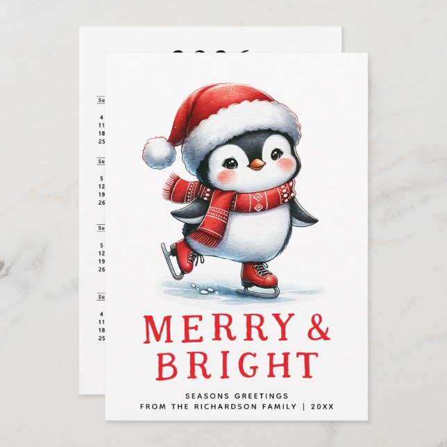 Modern Merry Bright Ice Skating Penguin Christmas Holiday Card (Front/Back)