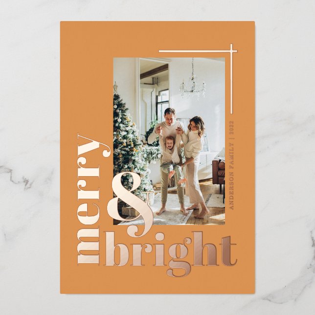 Modern Merry & Bright Photo Christmas Gold Foil Holiday Card (Front)