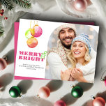 Modern Merry & Bright Photo Pink Christmas Cards<br><div class="desc">This unique pink Christmas card template features a modern magenta design with original watercolor holiday ornaments in vibrant shades of pink, green, and red. The greeting "Merry & Bright" is beautifully displayed in a traditional serif typeface on a clean white background, adding a touch of elegance to the card. Customise...</div>
