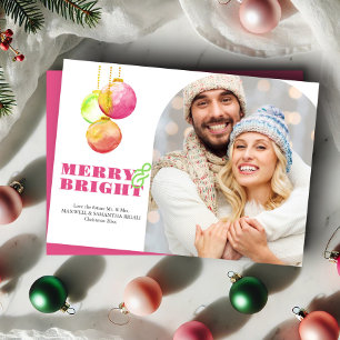 Modern Merry & Bright Photo Pink Christmas Cards