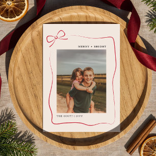 Modern Merry Bright Red Bow Family Photo Christmas Holiday Card