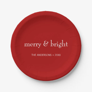 Modern Merry & Bright Red Christmas Holiday Paper Plate
