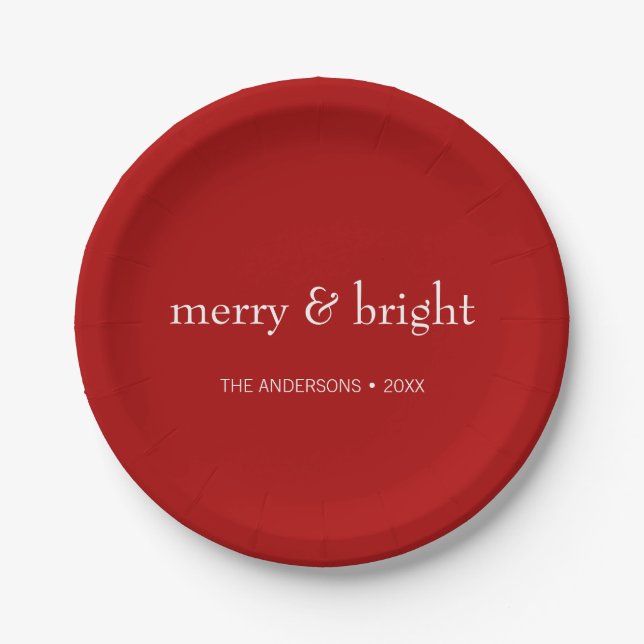 Modern Merry & Bright Red Christmas Holiday Paper Plate (Front)