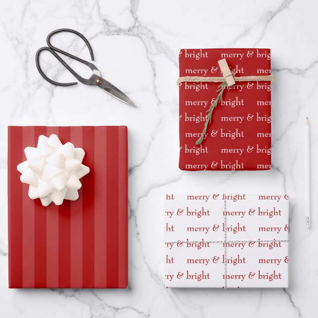 Modern Merry & Bright Red Christmas Holiday Wrapping Paper Sheet (Front)