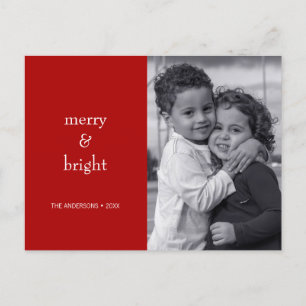 Modern Merry & Bright Red Christmas Photo Holiday Postcard