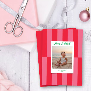 Modern Merry & Bright Red & Pink Stripes Christmas Holiday Card