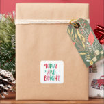 Modern Merry & Bright Retro Colourful Christmas  Square Sticker<br><div class="desc">Modern Minimalist Merry & Bright Retro Colourful Christmas Family  PhotoScript  Boho Christmas cards Stripes
message for any customs or enquiries.</div>