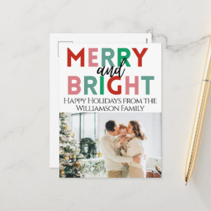 Modern Merry & Bright Simple Colourful One Photo Holiday Postcard