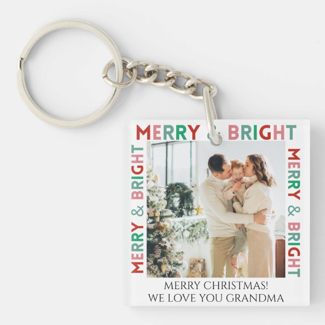 Modern Merry & Bright Simple Colourful One Photo Key Ring (Front)