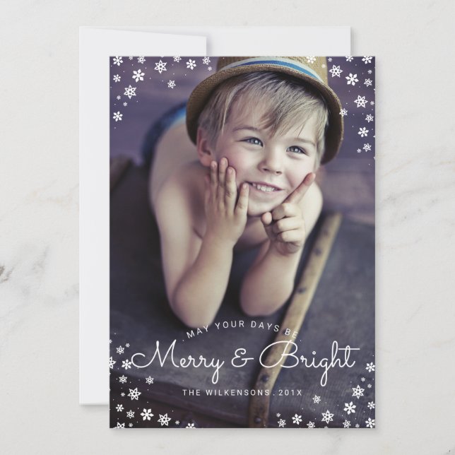 Modern Merry & Bright Snowflake Holiday Photo Card (Front)