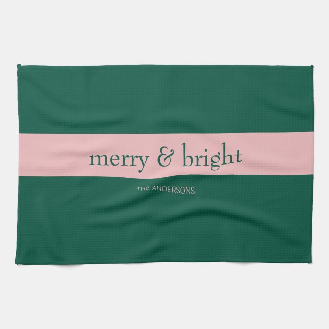 Modern Merry & Bright Stripe Holiday Green & Pink Tea Towel (Horizontal)