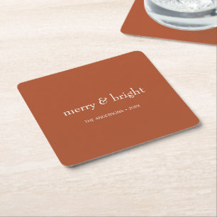Modern Merry & Bright Terracotta Christmas Holiday Square Paper Coaster