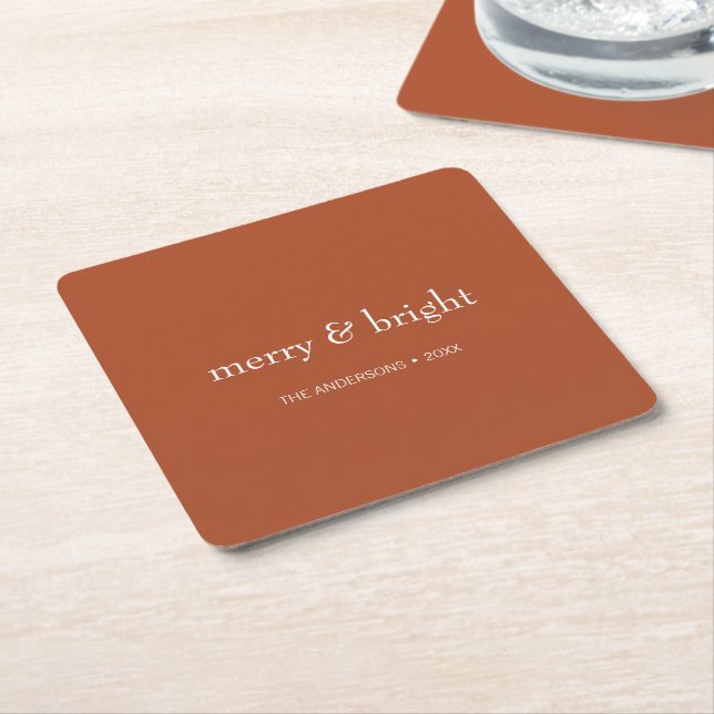 Modern Merry & Bright Terracotta Christmas Holiday Square Paper Coaster (Angled)