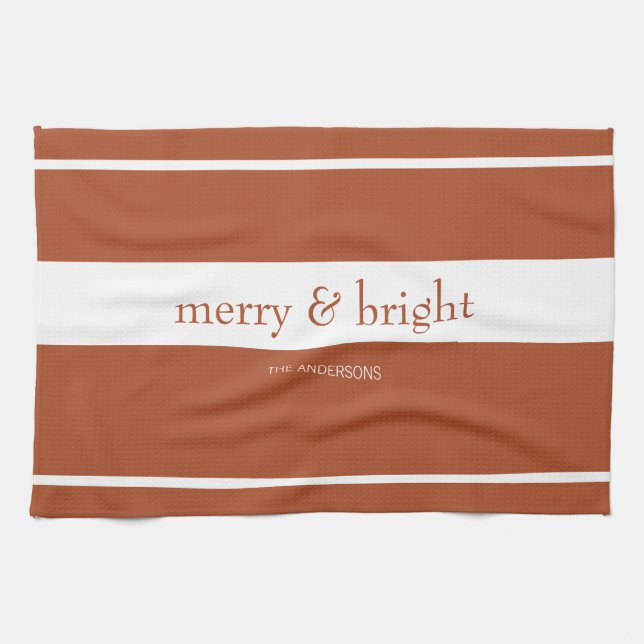 Modern Merry & Bright Terracotta Christmas Holiday Tea Towel (Horizontal)